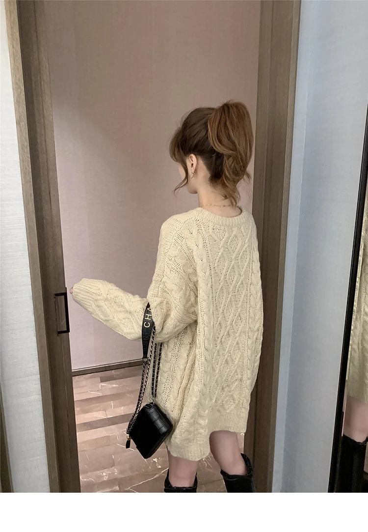 Korean Style Autumn Winter Women's Outfit Solid Color Long Loose O-Neck Twist Sweaters Sweet Female Loose Sweaters Knitted Coats