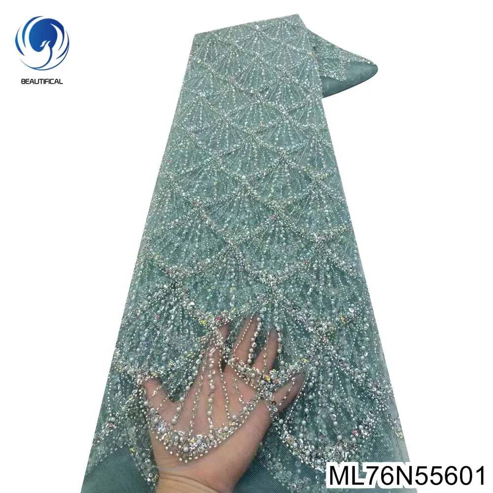 

African Sequins Tulle Lace for Women, Exquisite Party Dress Fabric, New Fanshaped Design, French Handmade Bead Decorate ML76N556