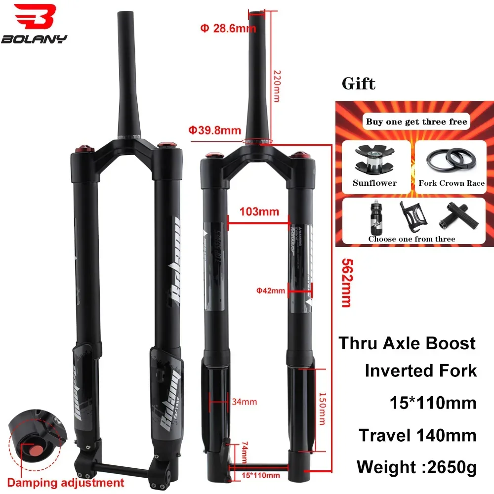 BOLANY Inverted  Fork Damping Adjustable BOOST Thru Axle Air Suspension 130mm Travel  26/27.5/29 Inch mtb Tapered Tube Fork