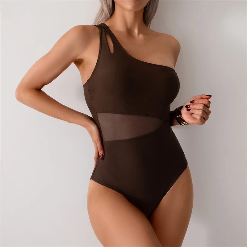 

New Women's One Piece Swimsuits Tummy Control Swimming Costume Ruched Female One Shoulder Strap Cutout Adjustable Mesh Swimwear