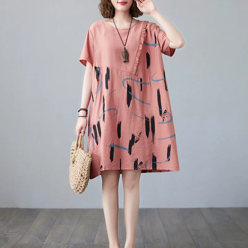 #3249 Summer Vintage Printed Dress Women O-neck Loose Mini Dress Short Sleeves Short Dress Female Retro A-line Womens Dress