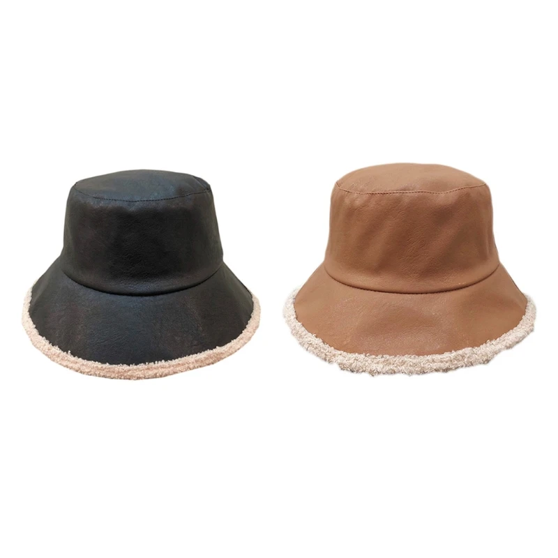 

Japanese Women Men Autumn Double Sided Reversible Bucket Hat Artificial Leather Faux Fleece Thick Warm Packable Panama Fisherman