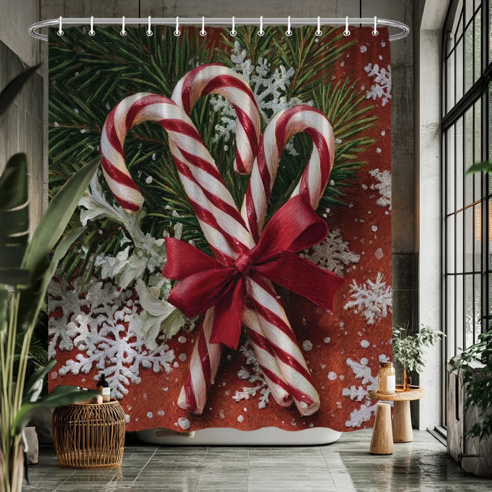 1pc Christmas Candy Cane Shower Curtain, Red White Candy Cane, Pine Branch & Snowflake Pattern, Multi Size, With Hooks