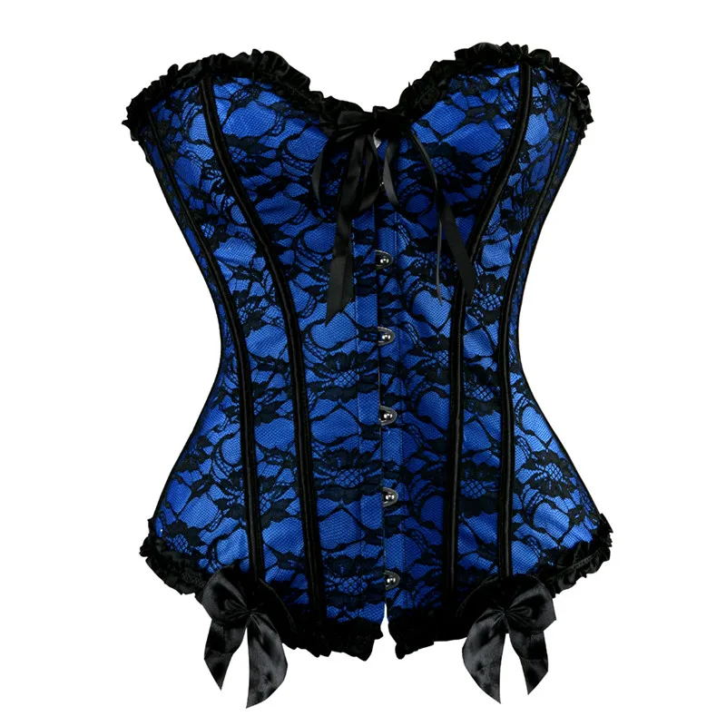 Caudatus Corsets and Bustiers Victorian Fashion Lace Up Flower Print Gothic Corselet Vintage Plus Size Sexy Halloween Blue White