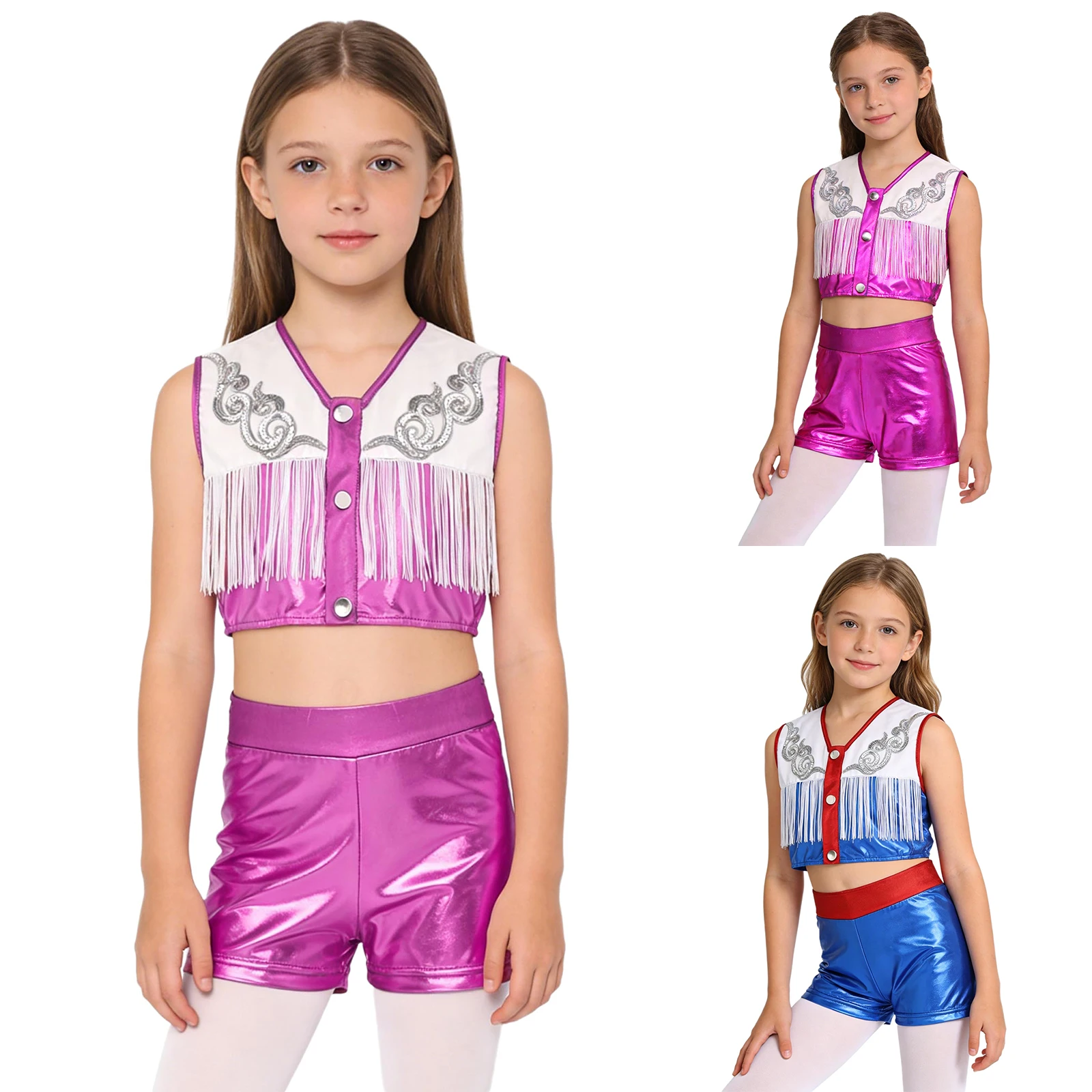 

Girls Cowboy Cheerleading Dance Costume Sequins Metallic Sleeveless Fringed Crop Top with Shorts Carnival Party Role Play Outfit