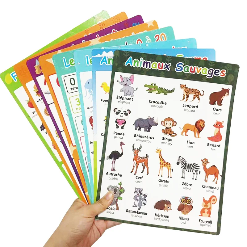 8 ملصقات من المفردات الفرنسية والإنجليزية، مع الرسوم التوضيحية الملونة للحيوانات والأغذية والفواكه، تتميز بـ 240 كلمة فرنسية