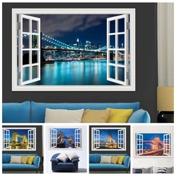3D Window View Sticker, Cross-sea Bridge, Vinyl Decal, Wallpaper for Room Decor Aesthetic, City Night View Wall Sticker Paper