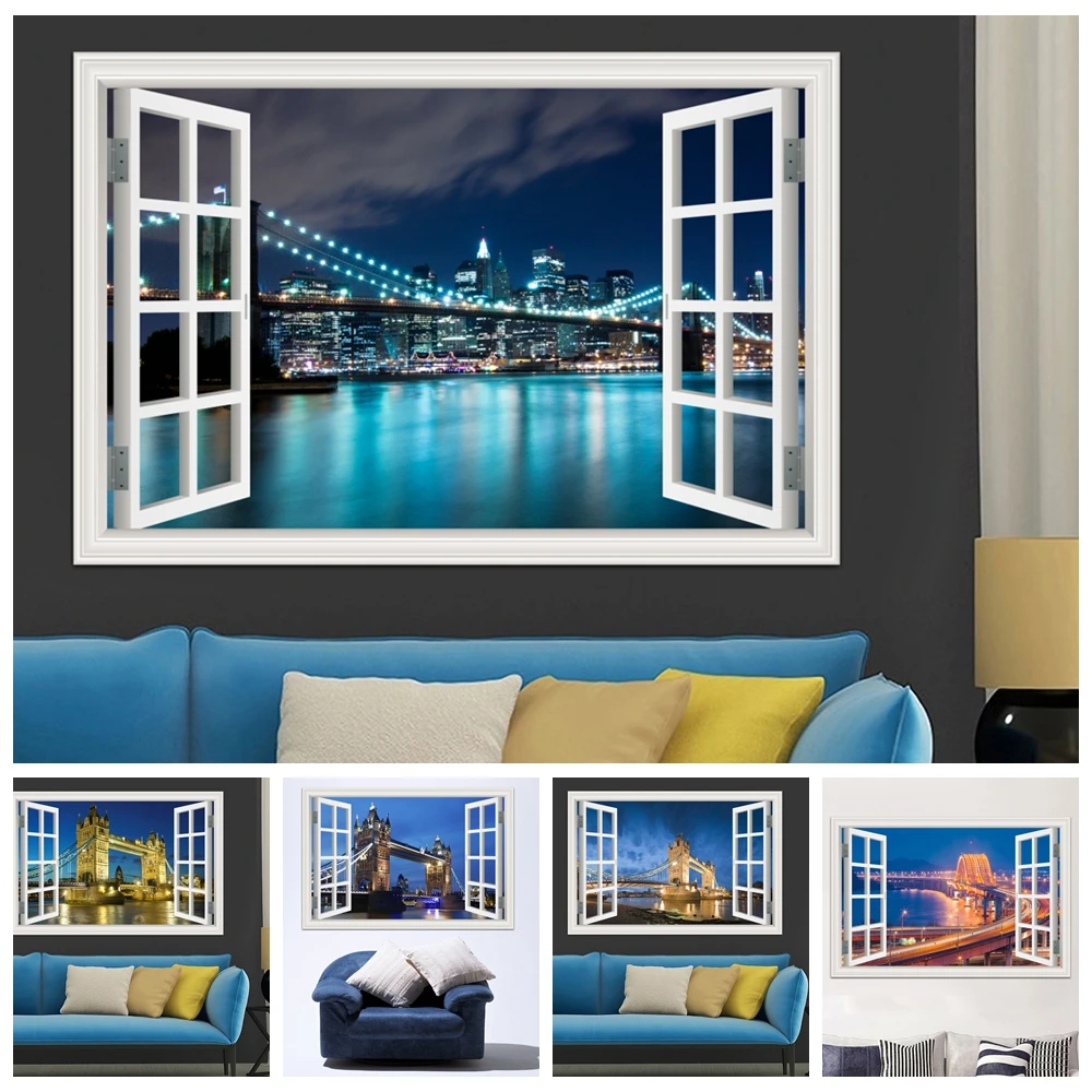 3D Window View Sticker, Cross-sea Bridge, Vinyl Decal, Wallpaper for Room Decor Aesthetic, City Night View Wall Sticker Paper