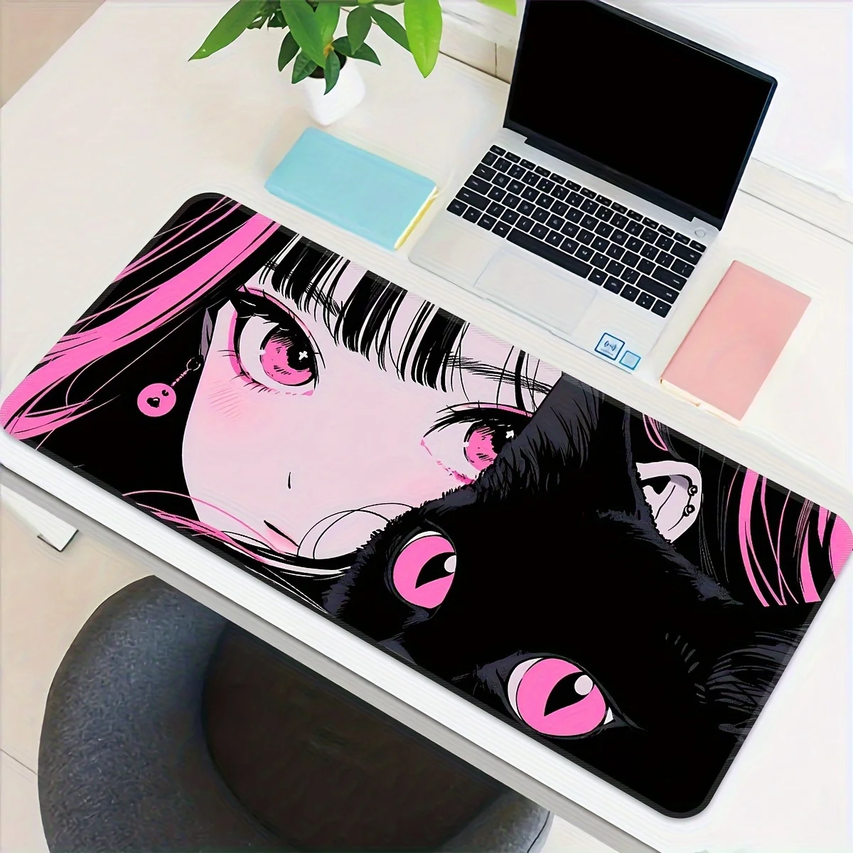 Gaming Mouse Pad Anime Black Cat Eyes Setup Gaming Keyboard Long Pad Computer Desk Mat Large Rug Office Gadgets Kawaii Laptop