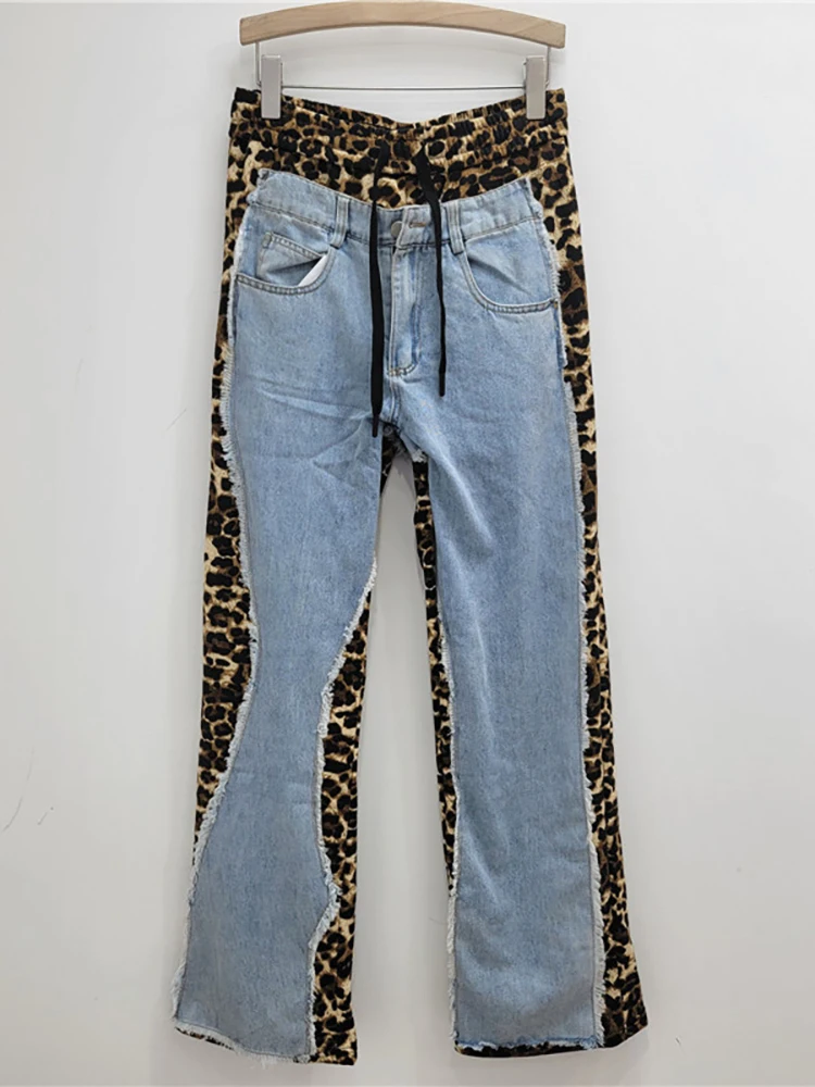 DEAT Women's Jeans Elastic High Waist Straight Patchwork Leopard Printed Burrs Edge Autumn Denim Pants 2024 New Fashion 29L8456