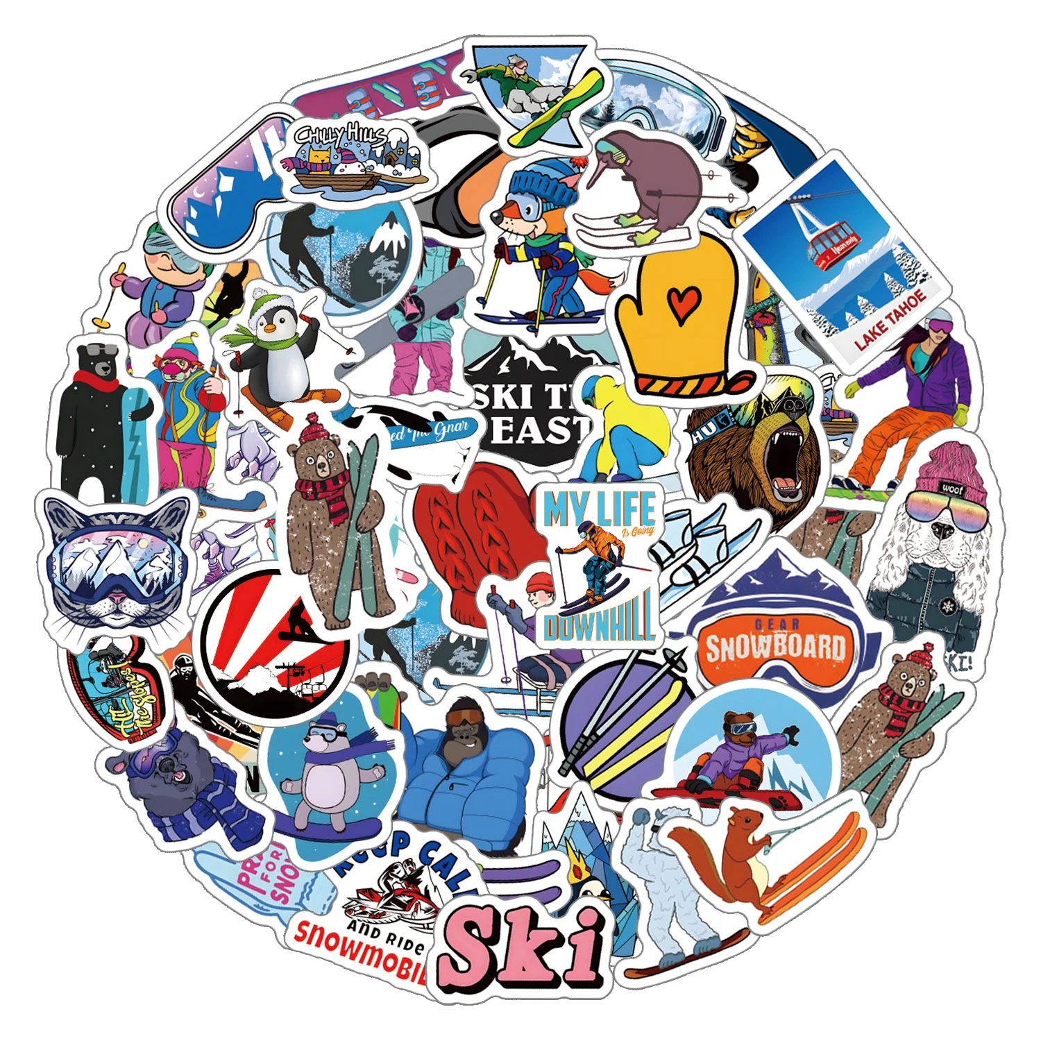 50pcs Cartoon Skiing Graffiti Stickers, Aesthetics Stickers Water Bottle,Skateboard,Decals Party Supply Bicycle Stickers