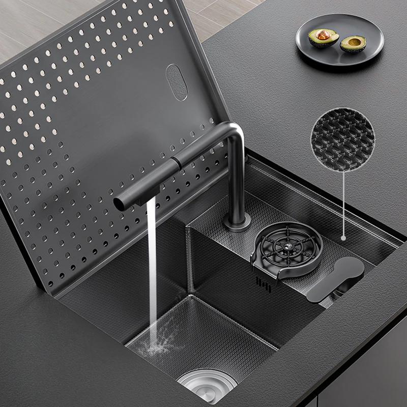 Asras Nanometer Hidden Bar Counter Kitchen Sinks Rice Grain Embossing Prevent Scratches Handmade Island Sinks With Cup Rinser