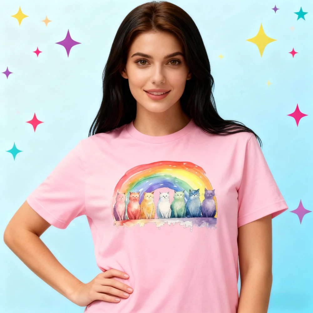 Pride Rainbow Cat T-Shirt Watercolor Rainbow Cat Ally Shirt Funny LGBTQ TShirt Women Casual Daily Life Cotton Streetwear Tops
