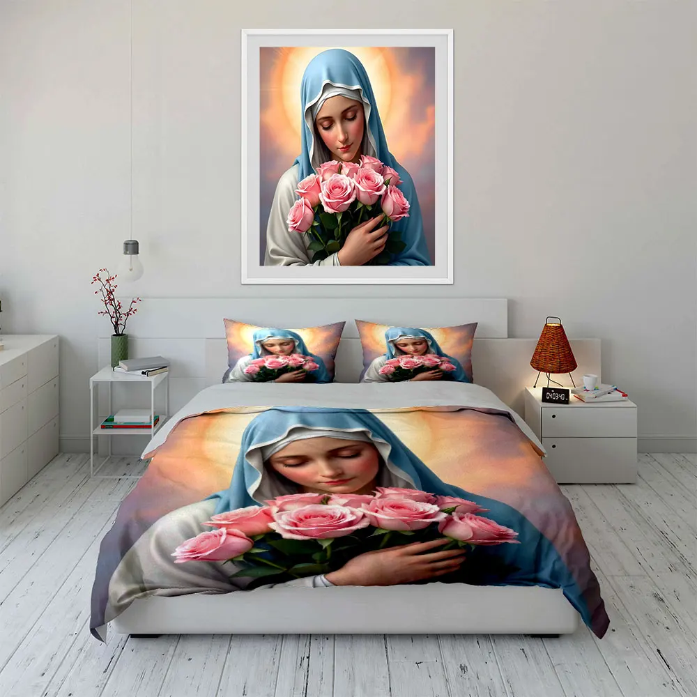 The Virgin Mary holding a rose Duvet Cover Set with 3D Printing Design Soft Polyester Bedding Set All-Season Comfort for gifts