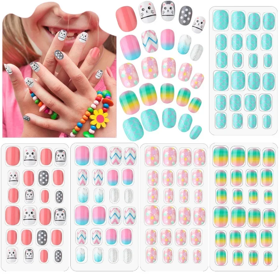 120 Pieces Press on Nails Fake Artificial Nails Girls Full Cover Short False Fingernails for Girls Design Decoration Sweet Girl