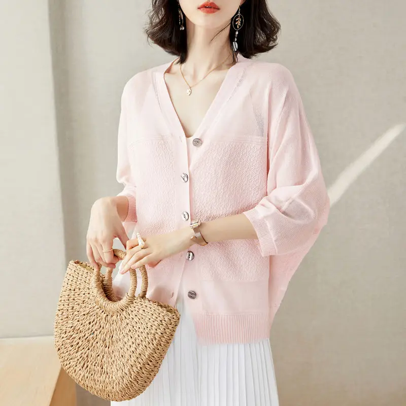 Women\'s Clothing Summer Fashion Elegant All Match Ice Silk Thin Knitted Cardigan Simple Solid V Neck 3/4 Sleeve Loose Chic Tops