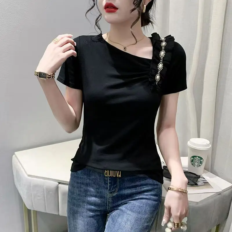 Elegant V-Neck Short Sleeve Beading Blouse 2025 Summer New Korean Pullovers Tops Solid Color Office Lady Shirt