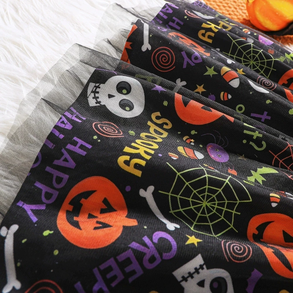 Abito da neonata Abito in rete di Halloween Manica lunga Gonna con stampa di cartoni animati per ragazze per feste autunnali/invernali Abbigliamento per bambini