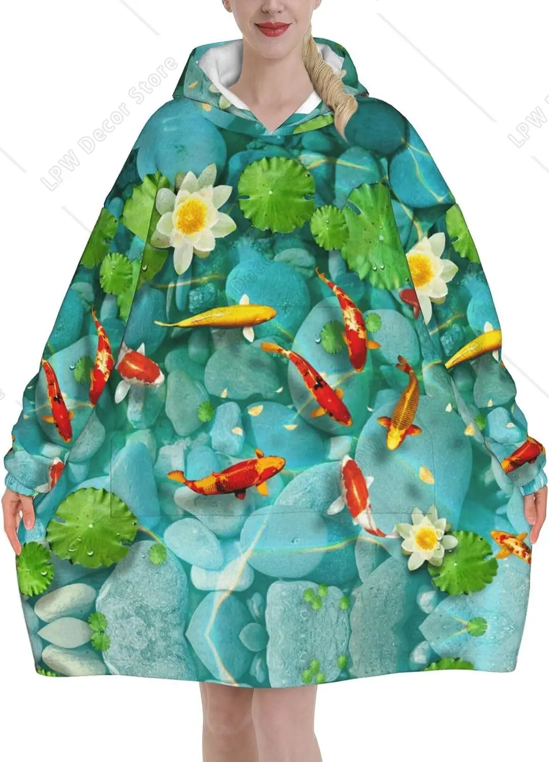 Japanese Pretty Red Carp Fish Print Blanket Hoodies For Women   Men Adult Teen Wearable Hooded Sweatshirt With Pocket