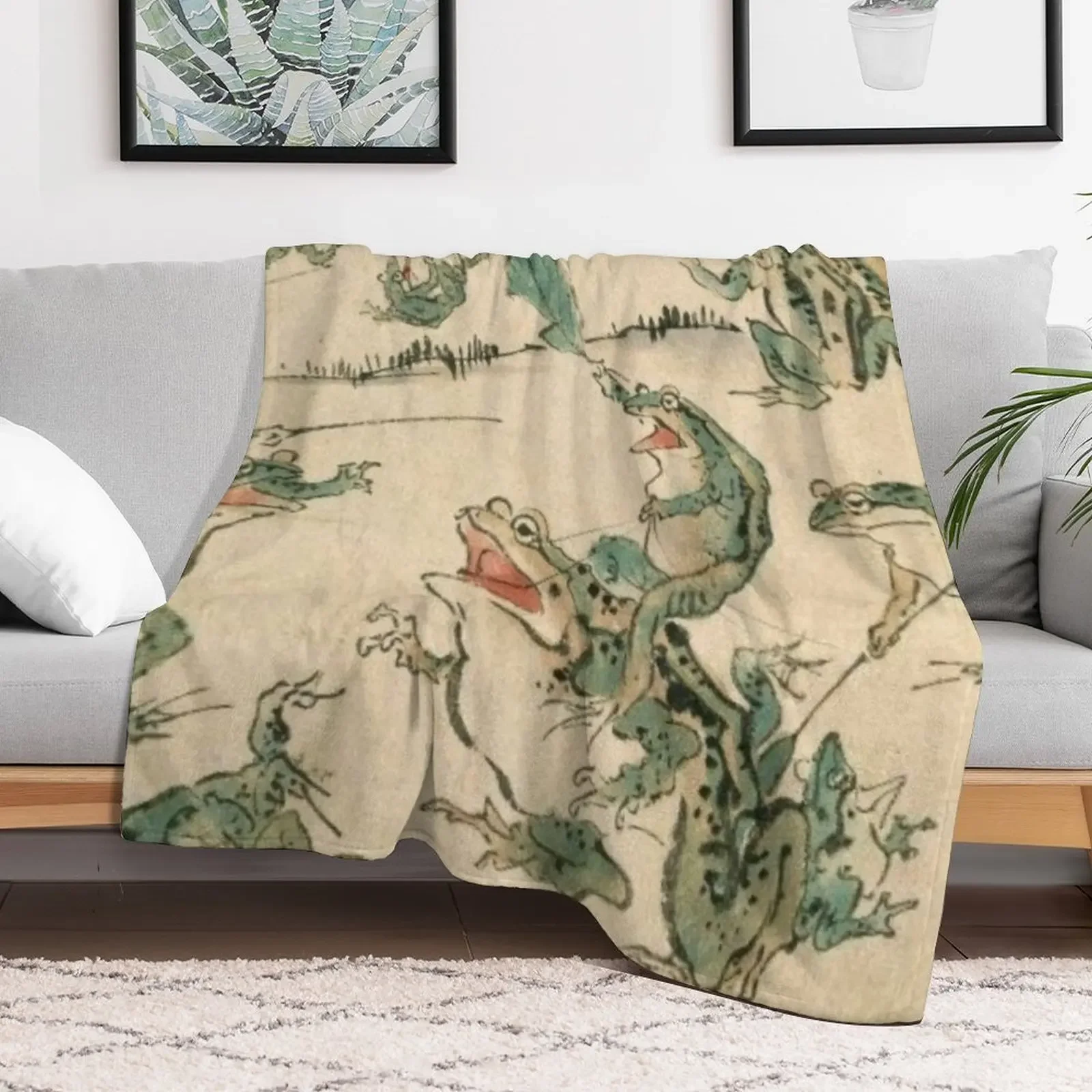 Frog Battle - Kawanabe Kyosai Throw Blanket Loose Flannel Blankets