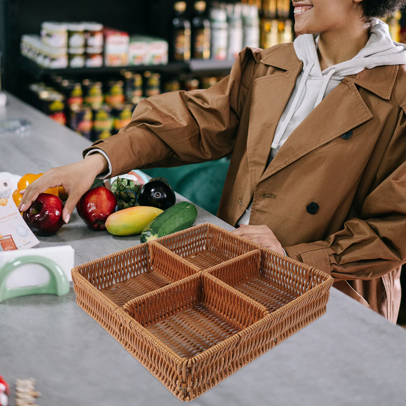 

1pc Woven Storage Basket Imitation Rattan Fruit Vegetable Serving Kitchen Organizing Sundries Holder Multi-Grid Basket