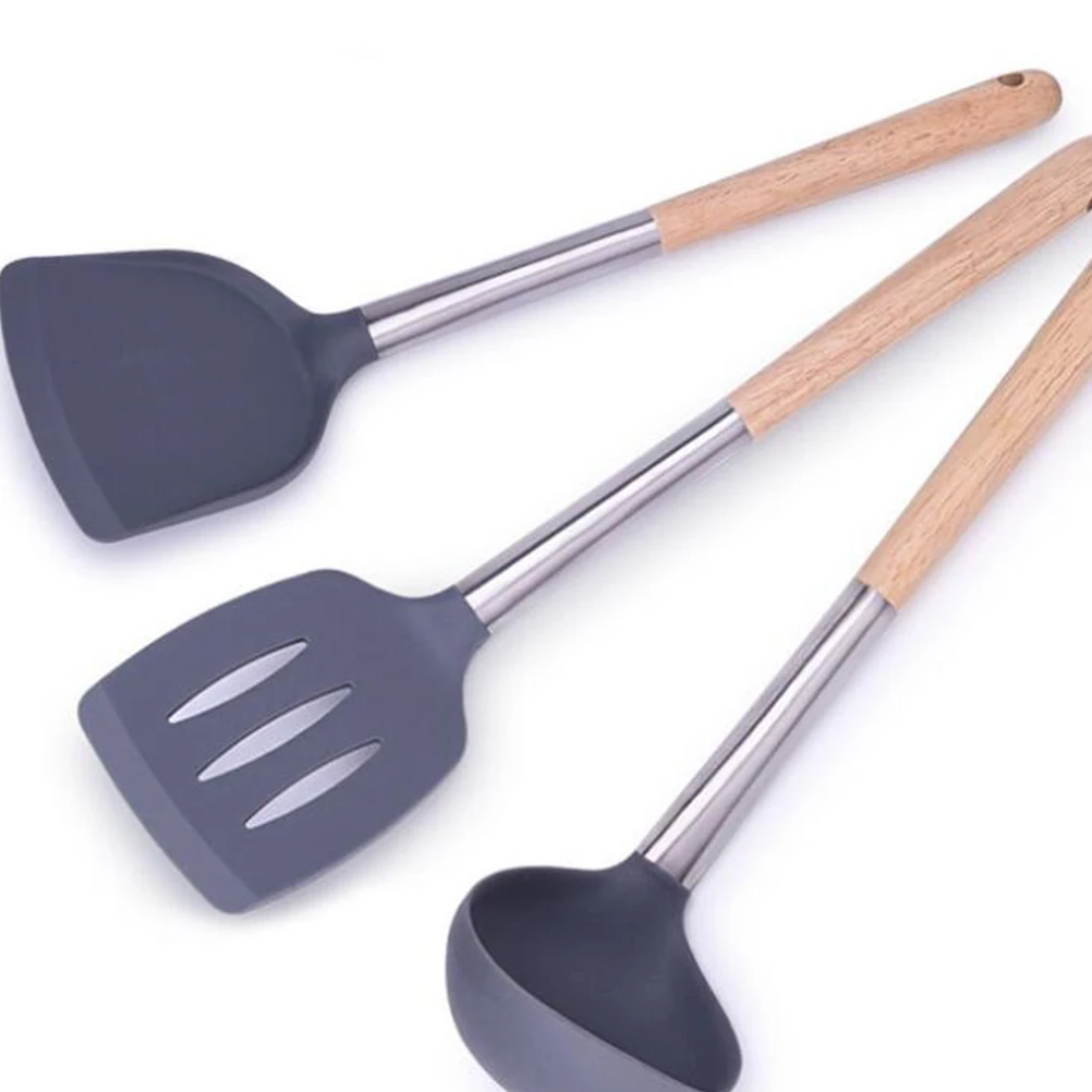 

3pcs Stainless Steel Wooden Handle Silicone Kitchen Utensil Spoon Shovel Soft Silicone Shovel Cookware Utensils