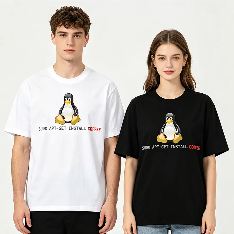 Large Size Cotton Linux Get Installation Coffee T-Shirt for Programmers Code Programming Ubuntu BSD Freebsd Tux Sudo Apt Design
