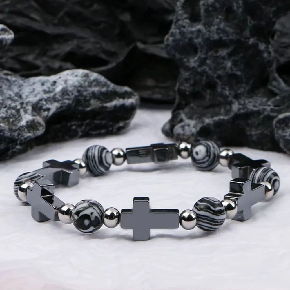 Retro Schwarzes Kreuz-Armband Hip-Hop Schwarze Steinperlen Herren-Armband INS Trendiger Schmuck Mode-Accessoires Geschenk – Detail 4