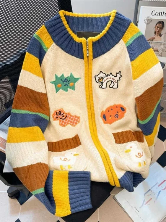 

plus Size Fat MM Retro Color Blo Striped Cartoon Embroidery Open Cardigan Knitted Sweater Zipper Jaet Women's Spring Faion