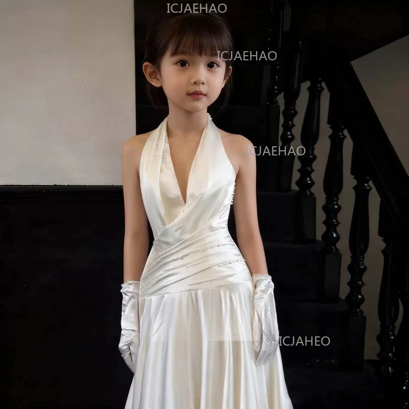 

Children Girls White Model Performance Gown Pageant Party Formal OutfitLong Simple Dresses Costume Host Piano Violin Evening