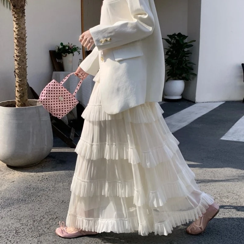 Qiukichonson Mid Long Skirts Womens Maxi Skirt 2026 Spring Summer Goth Lolita Elastic Waist High Low Ruched Ruffle Pleated Skirt