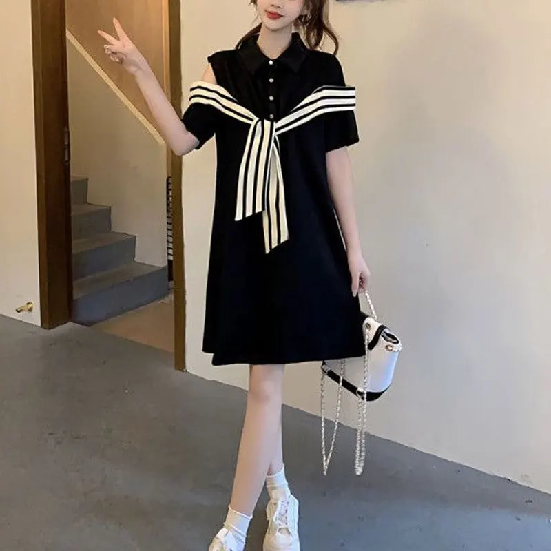 Summer Fashion Off Shoulder Dresses Female Clothing Korean Striped Patchwork Basic A-Line Commute Polo-Neck Button Midi Dress