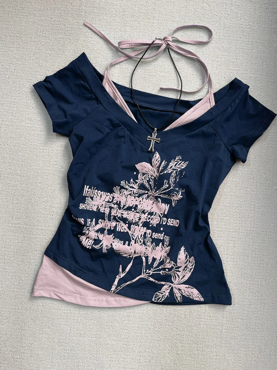 Blue oulder Bared ort Sve T irt Damen Sommer American Retro Design Einzigartiges zweiteiliges Top Baumwollmischung Slim Fit Yout...