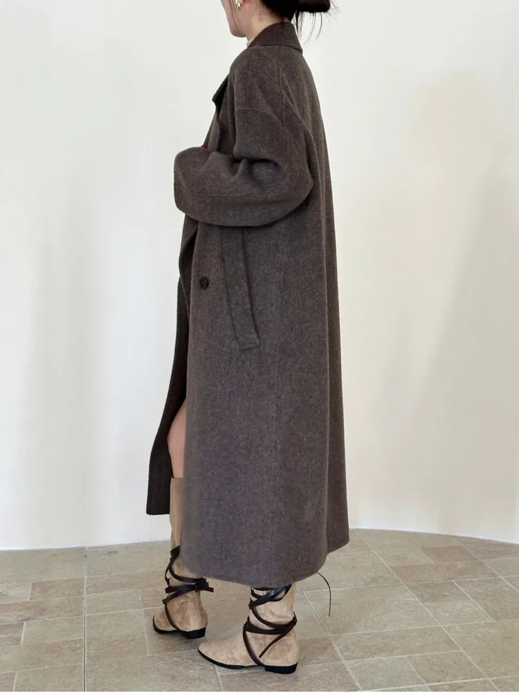 ONEXWEN Women Oversized Lapel Double Faced Wool Coat Loose Long Maxi Woolen Overcoat Winter Brown Casual Ladies Outerwear RU19