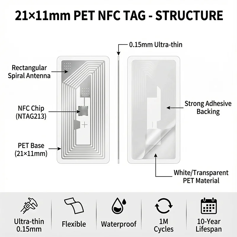 NFC Tags Stickers 11x21mm with NTAG213 Chip Programmable Adhesive Transparent RFID Labels 144 Bytes Memory for DIY Projects