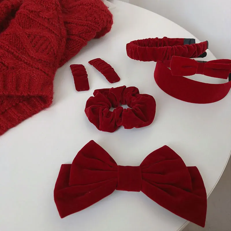 1PC Red Velvet Hair Accessories Collection New Year Christmas Hair Bands Wide Large Sausage Ring Bow Hair Clips