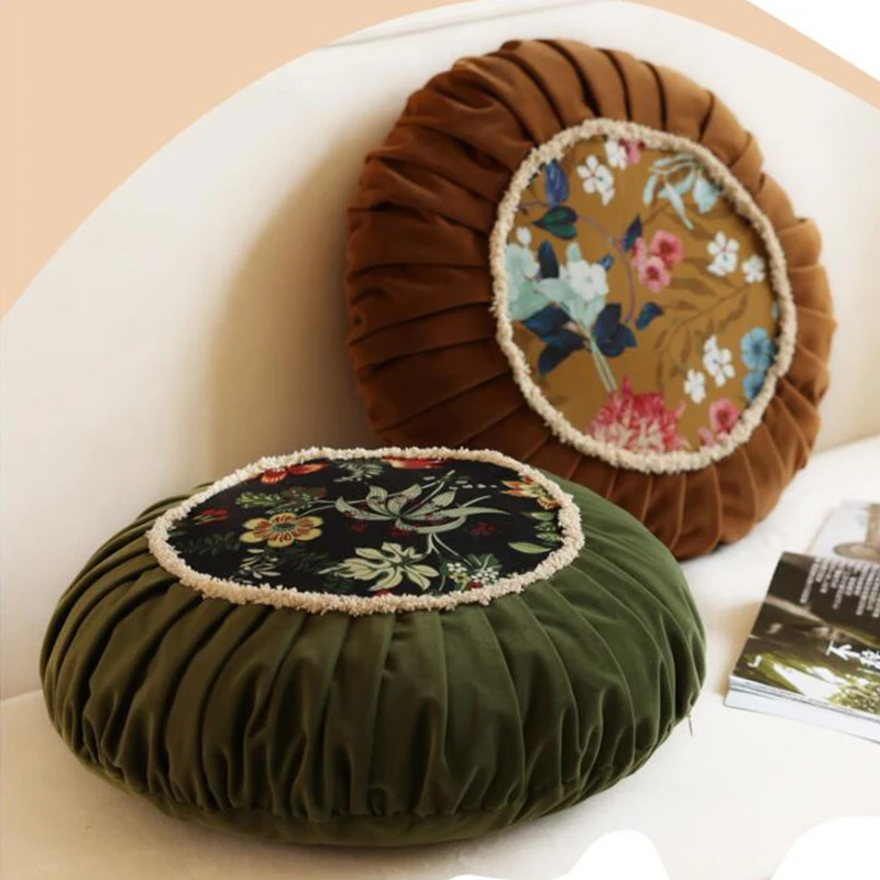 Nordic Style Throw Waist Pillow Retro Luxury Sofa Bedside Cushion  Creative Pleated Round High-end Velvet Cushion Pouffe