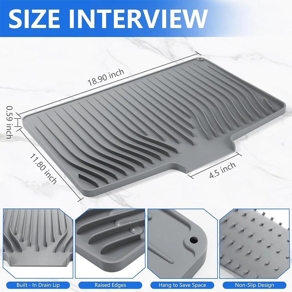 LMETJMA Silicone Dish Drying Mat for Kitchen Counter Non-Slip Drainer Pad with Built-in Drain Kitchen Drying Mat Dish Drying Pad
