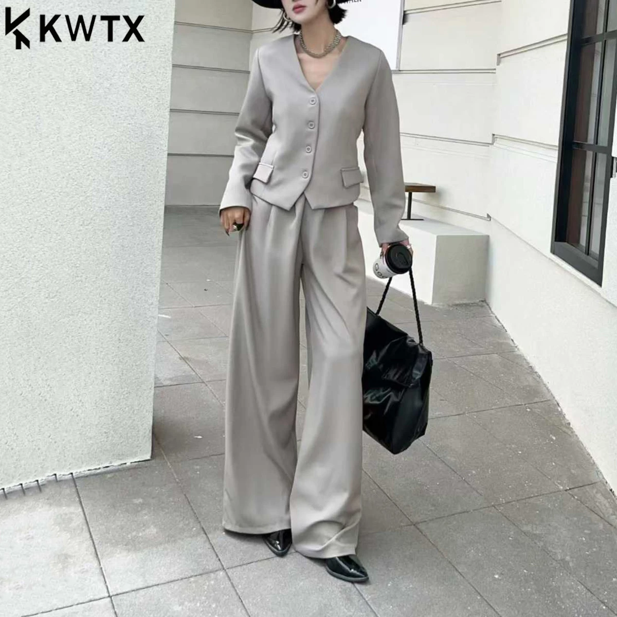 KWTX 2025 Musim Gugur Musim Dingin Setelan Celana Wanita 2 Potong Blazer Pendek Berkerah V Kancing Tunggal & Celana Panjang Lebar Kantor Berkualitas Tinggi