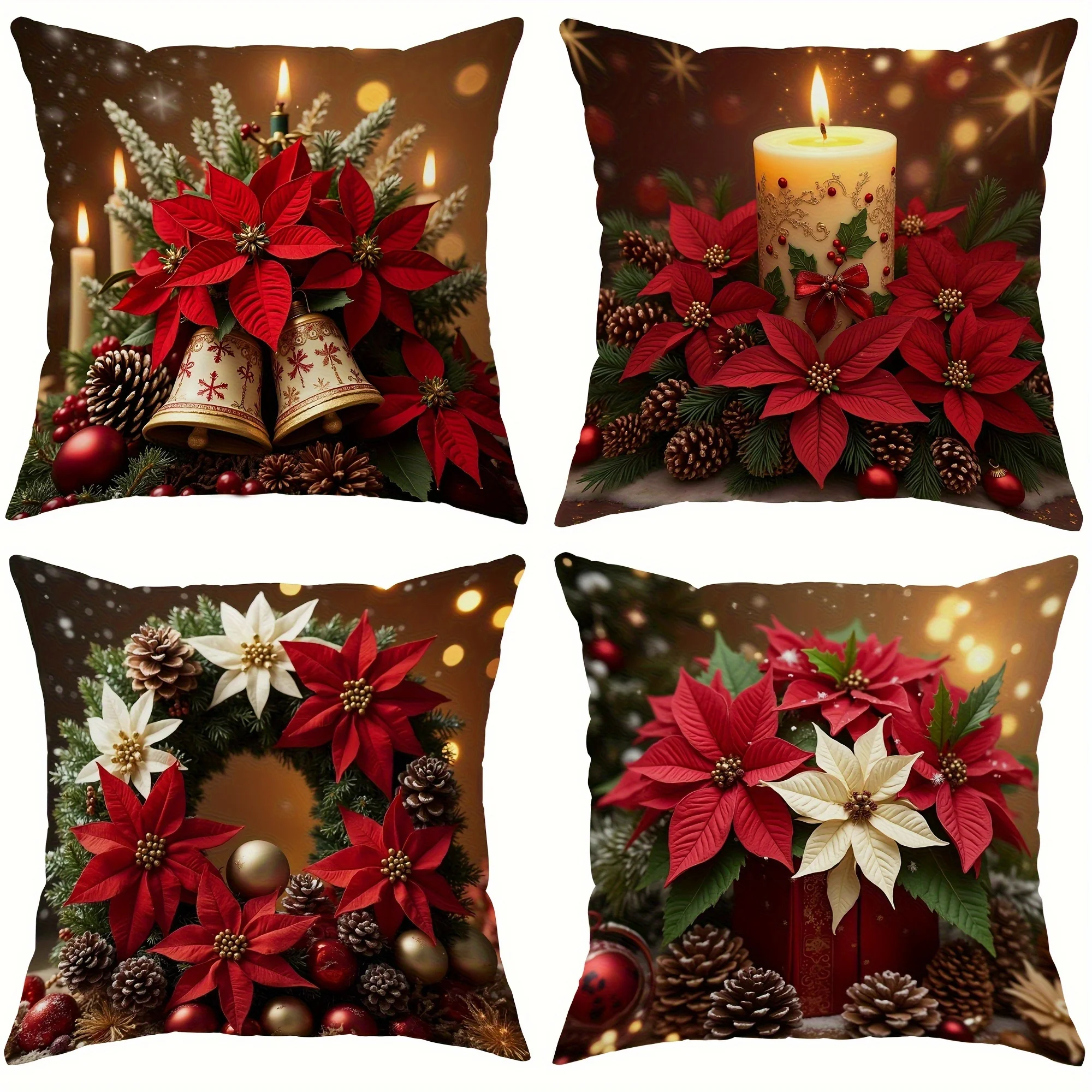 4pcs Christmas Decorative Red and White Floral Candle Pillow Covers, Vintage Style 2D Flat Printed Velvet Cushion Cases for Livi