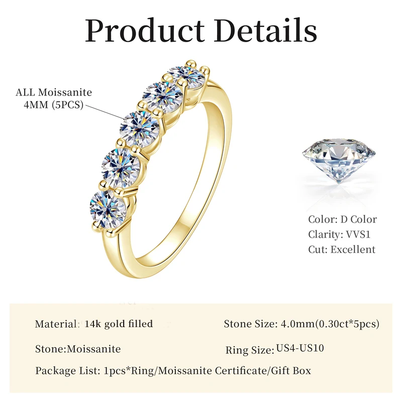 Lnngy Certified Five Stone 4mm Moissanite Ring 14K Gold Filled Half Eternity Anniversary Rings For Women Party Jewelry Gift