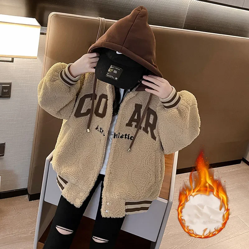 

2024 Korean Winter Children Girl Thicken Outwear Teenager Girl Letter Embroidered Hooded Warm Coat Junior Girl Lamb Wool Jacket