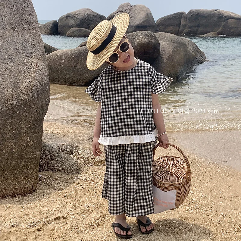 

2023 Summer Children's Suit Girls' Clothes Dotted Ruffle Short Sleeve Top+Fragmented Pants Fashion Set