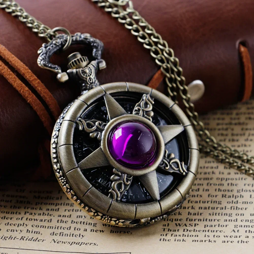 Antique Vintage Purple Gemstone Steampunk Pocket Watch Quartz Chain Clock Pendant Jewelry Timepiece Gift for Women Men