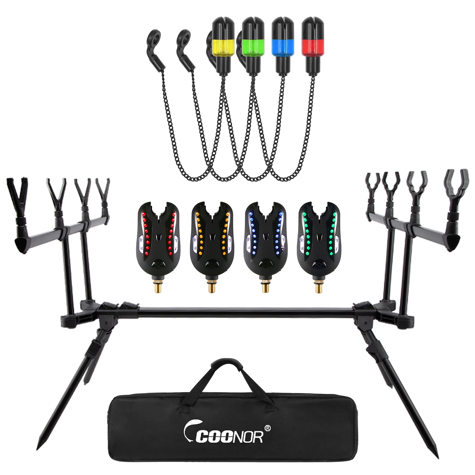 

LIXADA RY060 Adjustable Retractable Carp Fishing Rod Stand with 4* LED Fishing Bite Alarms 4* Fishing Swingers 1* Storage Bag