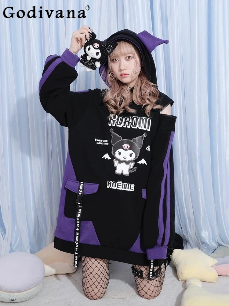 Autumn Fashion Preppy Loose Mid-Length Oversize Casual Hoodies Student Streetwear JK Fashion Cartoon Hooded Sweatshirt Women