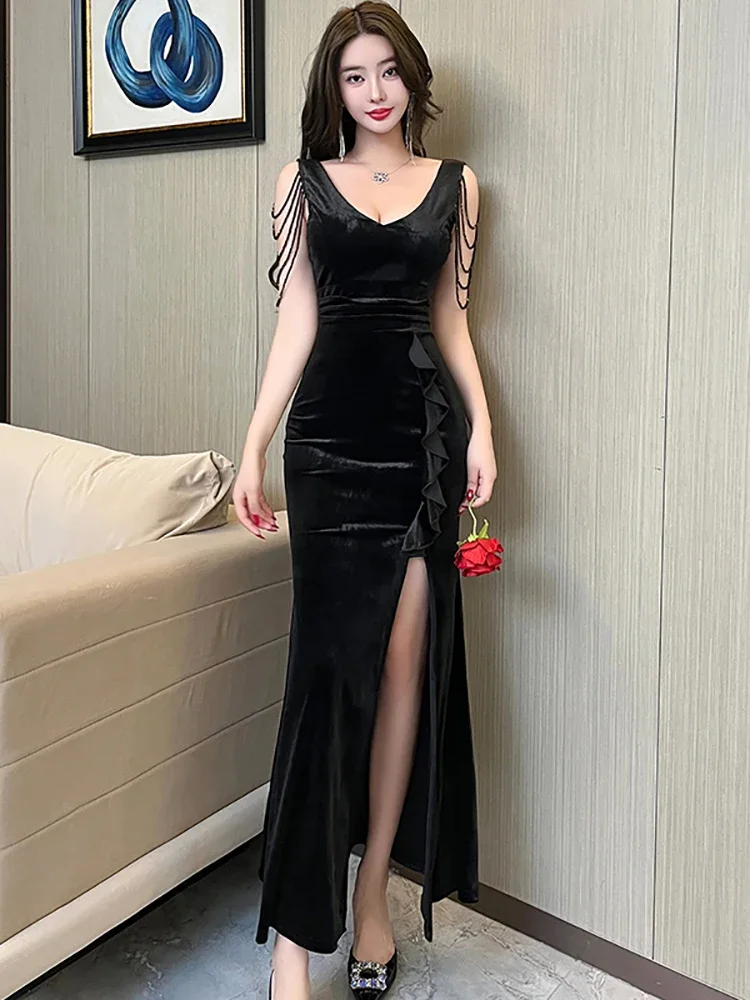 Women Elegant Ruffle Slit Dress 2025 Korean Fashion Bodycon Dresses Spring Autumn Green Velvet Chic Tassel Sling Sexy Long Dress