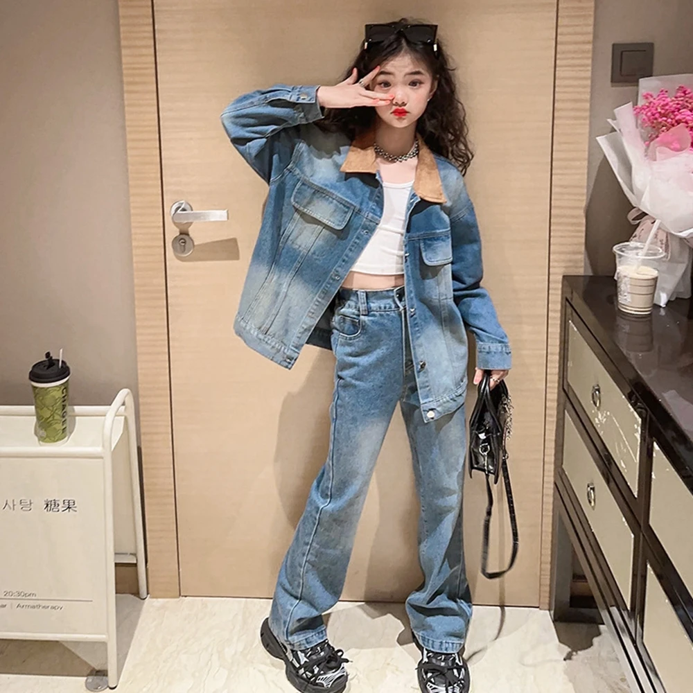 

ChildrenGirls' clothing set 2023 New Autumn Vintage Denim Coat + Wide-leg Pants Teen Girls Outfits Set Streetwear Kids Costume