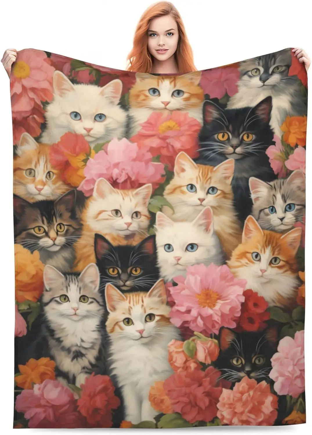 

Floral Cat Flannel Throw Blanket, Soft Lightweight 60x50 Inches for Couch Bed Sofa, Cute Gift for Women Girls