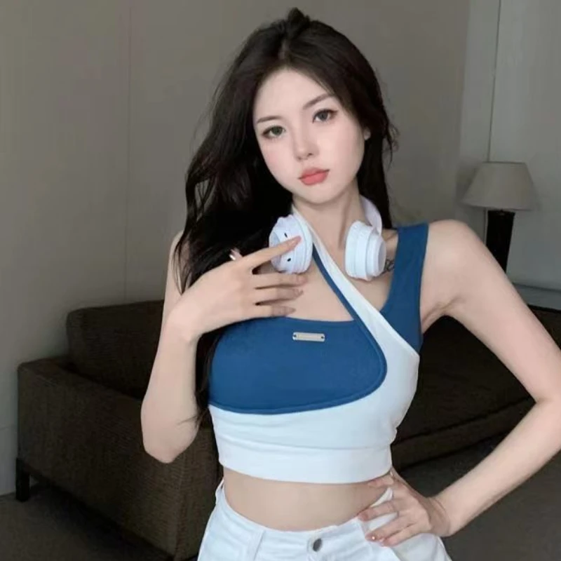 Réservoirs Femmes Nouvelle Arrivée Tendance Patchwork Design Doux Irrégulière Licou Intérieur Nombril Crop Top Sexy Mode Harajuku Haute Rue